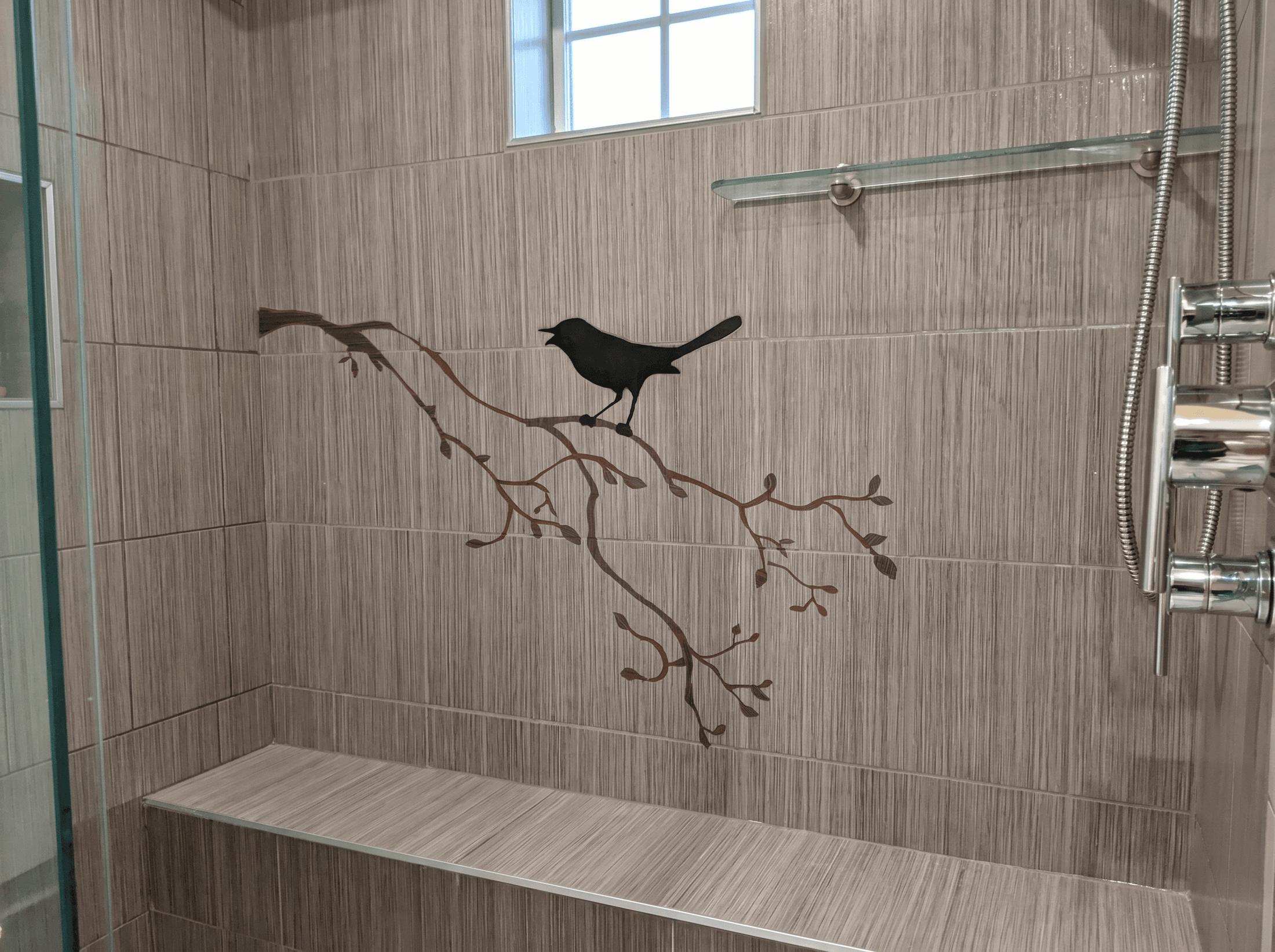 Bird Branch Mural Tile Shower