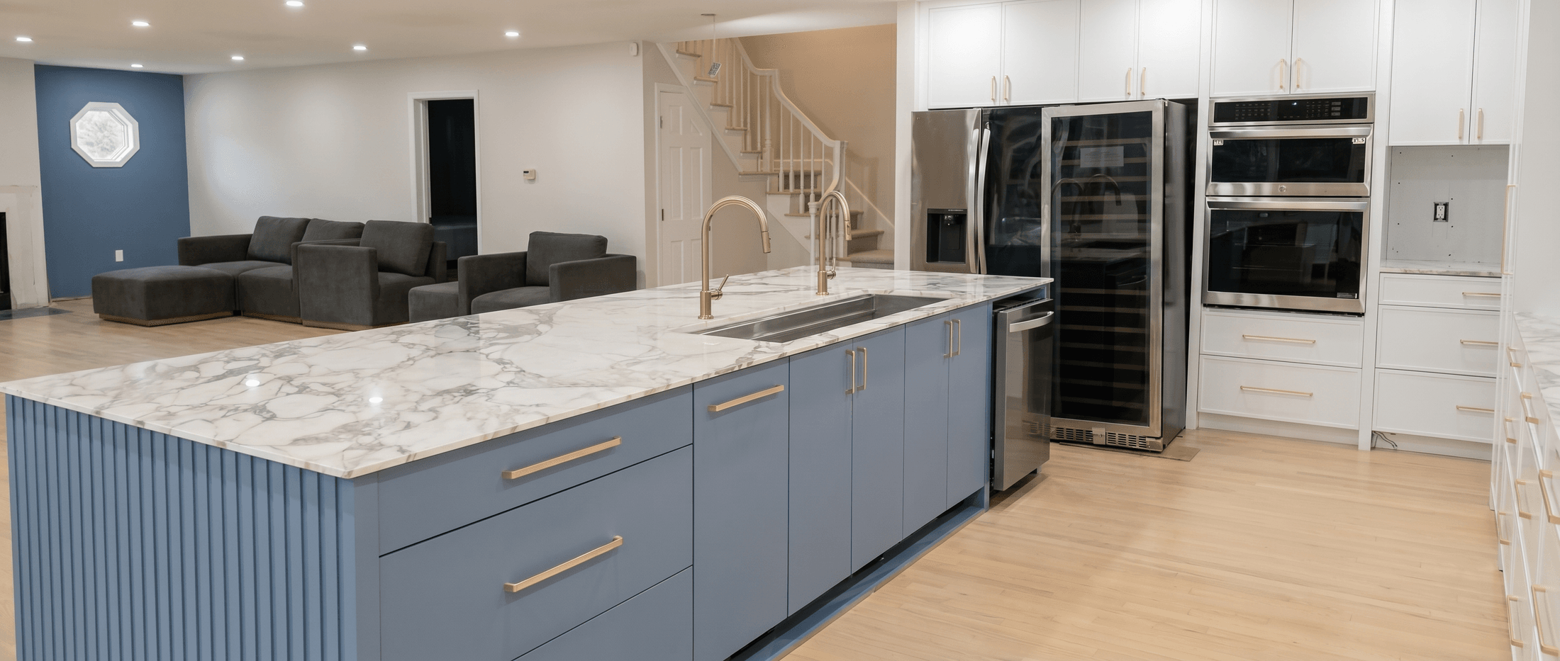 Blue Gray Fluted Kitchen Island