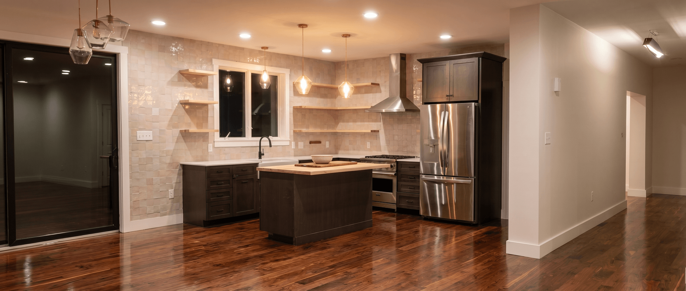 Butcher Block Island in a Dark Kitchen